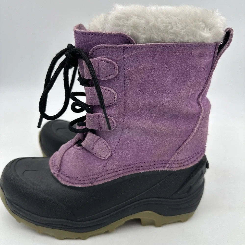 Lands' End girls‎ purple suede black rubber duck fur lined winter boots Sz 1 EUC